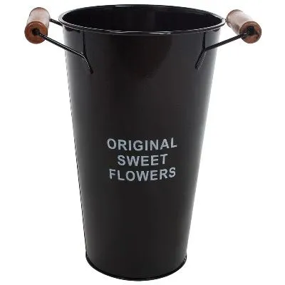 Вазон цинк с деревянными ручками, D15xH25 см, 2л, черный фото в интернет-магазине Флоранж