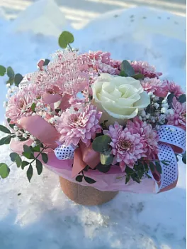 Композиция Риозо , состав Роза  Хризантема кустовая Гипсофила, цвет букета Сиреневый, подходит Девушке Ребенку Учителю