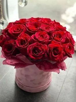 Розы в коробке , состав 25 роз, цвет букета Красный, подходит 