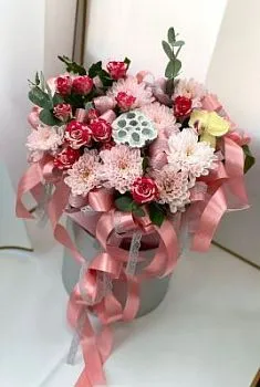 Композиция Клюковка , состав Хризантема кустовая Орхидея Роза кустовая, цвет букета Розовый, подходит Девушке Маме