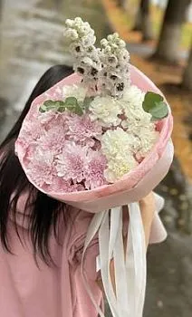 Букет Облачко , состав Дельфиниум Гвоздика Хризантема кустовая, цвет букета Розовый, подходит Девушке