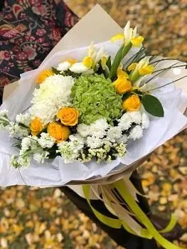 Букет Лучик солнца , состав Гидрангия  Роза Хризантема одноголовая Хризантема кустовая Ирис, цвет букета Мультицвет, подходит Девушке Маме