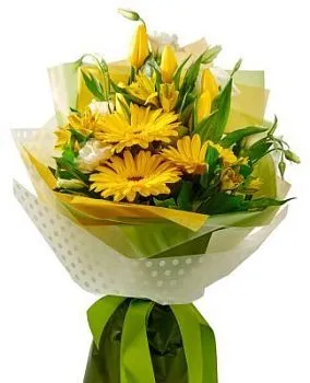 Букет Яркое настроение , состав Тюльпан Альстромерия Эустома Гербера, цвет букета Зеленый Желтый, подходит Маме Мужчине