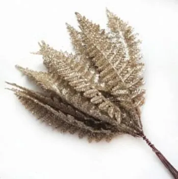 Набор листьев с глиттером 12шт., H19см, шампань