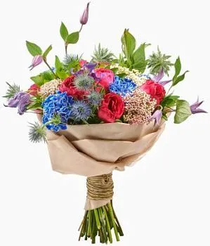 Букет Яркие краски , состав Эрингиум Озотамнус Роза Гвоздика, цвет букета Мультицвет, подходит Девушке Маме