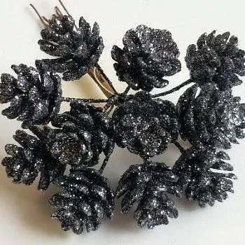 Набор шишек с глиттером на вставках 12шт., D2x2xL10см, серый