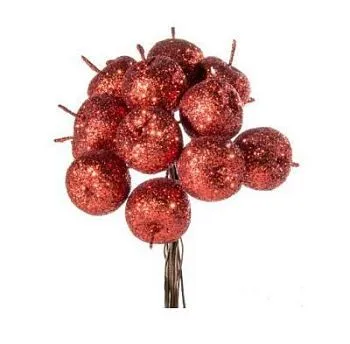 Набор яблок с глиттером на вставках 12шт., D2,2xL10,5см, красный
