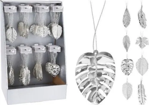 Украшение подвесное Лист/Перо (металл), 9см, серебро фото в интернет-магазине Флоранж