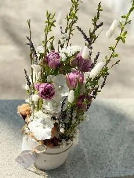 Композиция Весна 2023. Доставка только курьером! , состав Орхидея Тюльпан, цвет букета Белый Сиреневый, подходит Девушке Маме Учителю