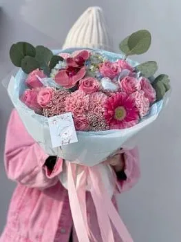 Букет Молодость , состав Орхидея Хризантема кустовая Роза, цвет букета Голубой Розовый, подходит Девушке Маме