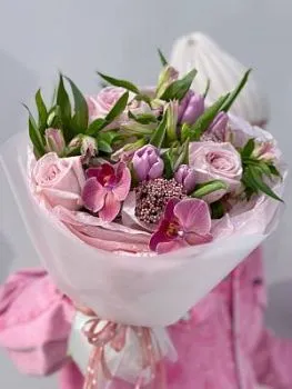 Букет Охара , состав Орхидея Роза Тюльпан, цвет букета Розовый, подходит Девушке Маме
