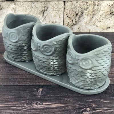 Горшок керамический Совушка, 3шт на поддоне 697359, серый 0,22л,  Россия фото в интернет-магазине Флоранж