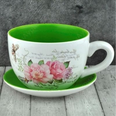 горшок керамическая Чашка с блюдцем, зеленый  MC-1904030-1 фото в интернет-магазине Флоранж