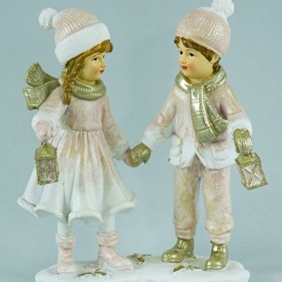 Сувенир Мальчик и девочка с фонарями (полирезин), Н13х10,5см, золотой/розовый фото в интернет-магазине Флоранж