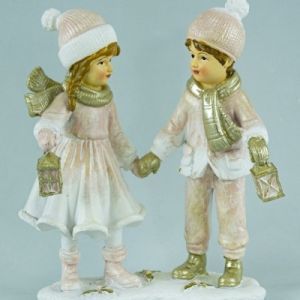 Сувенир Мальчик и девочка с фонарями (полирезин), Н13х10,5см, золотой/розовый