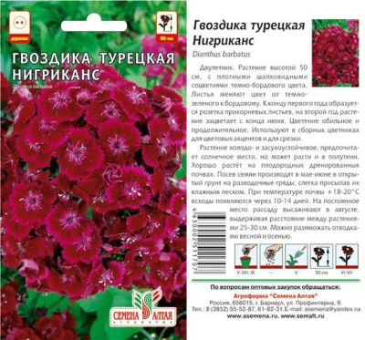 Гвоздика турецкая Ниграканс (цветной пакет) 0,1г; Семена Алтая фото в интернет-магазине Флоранж