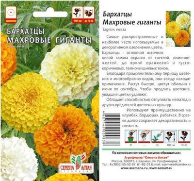 Бархатцы Махровые Гиганты (цветной пакет) 0,3г; Семена Алтая фото в интернет-магазине Флоранж